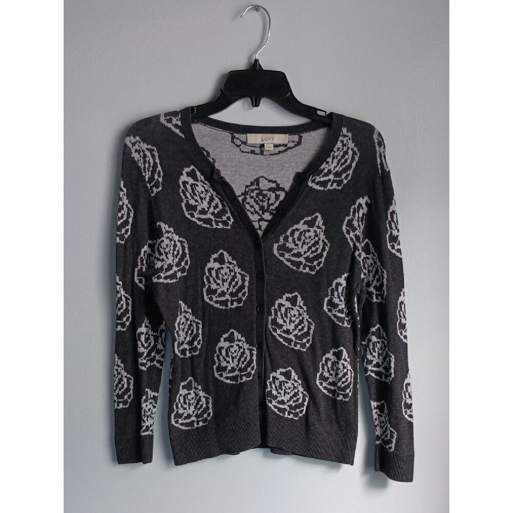 LOFT Charcoal Gray Rose Jacquard Cotton Cardigan